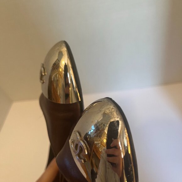 Chanel Leather Dark Brown Cap Toe Metal CC Flats Chocolate Shoes EU 37 / US 7 - Picture 10 of 11